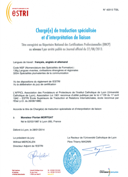 Diplôme de traducteur spécialisé et interprète de liaison de l’ESTRI Diplôme de traducteur spécialisé et interprète de liaison de l’ESTRI